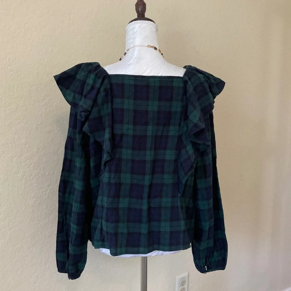 NWT J.Crew Womens XL Black Watch Plaid Ruffle Top Green Navy Square Neck Blouse